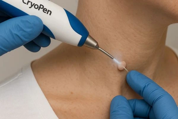 Person receiving cryotherapy Stoke for skin tag removal