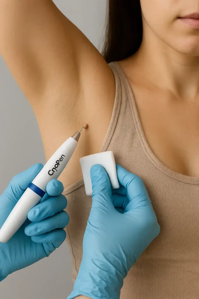 woman having cryopen to remove underarm skin tags Stoke