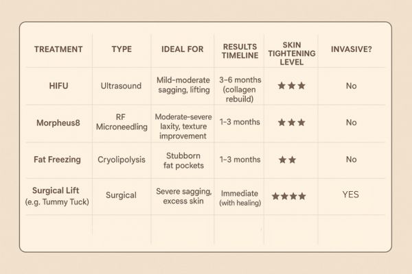Table showing the comparisons of Skin tightening Stoke treatment options.